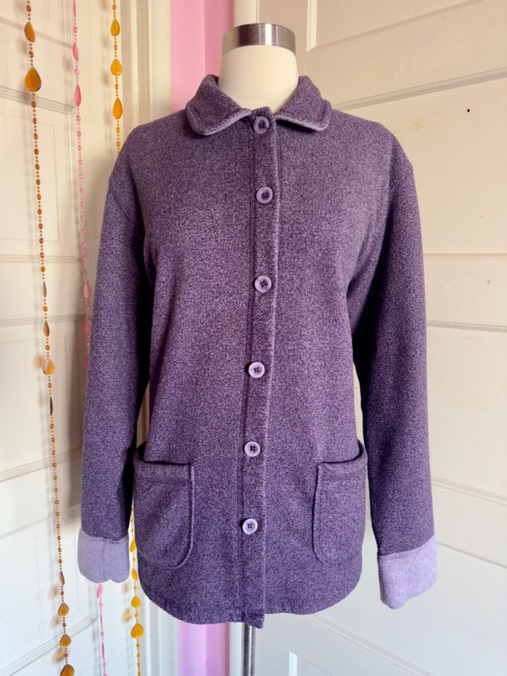 L.L.Bean Traveler Purple Knit Jacket Women L Button Front Pockets